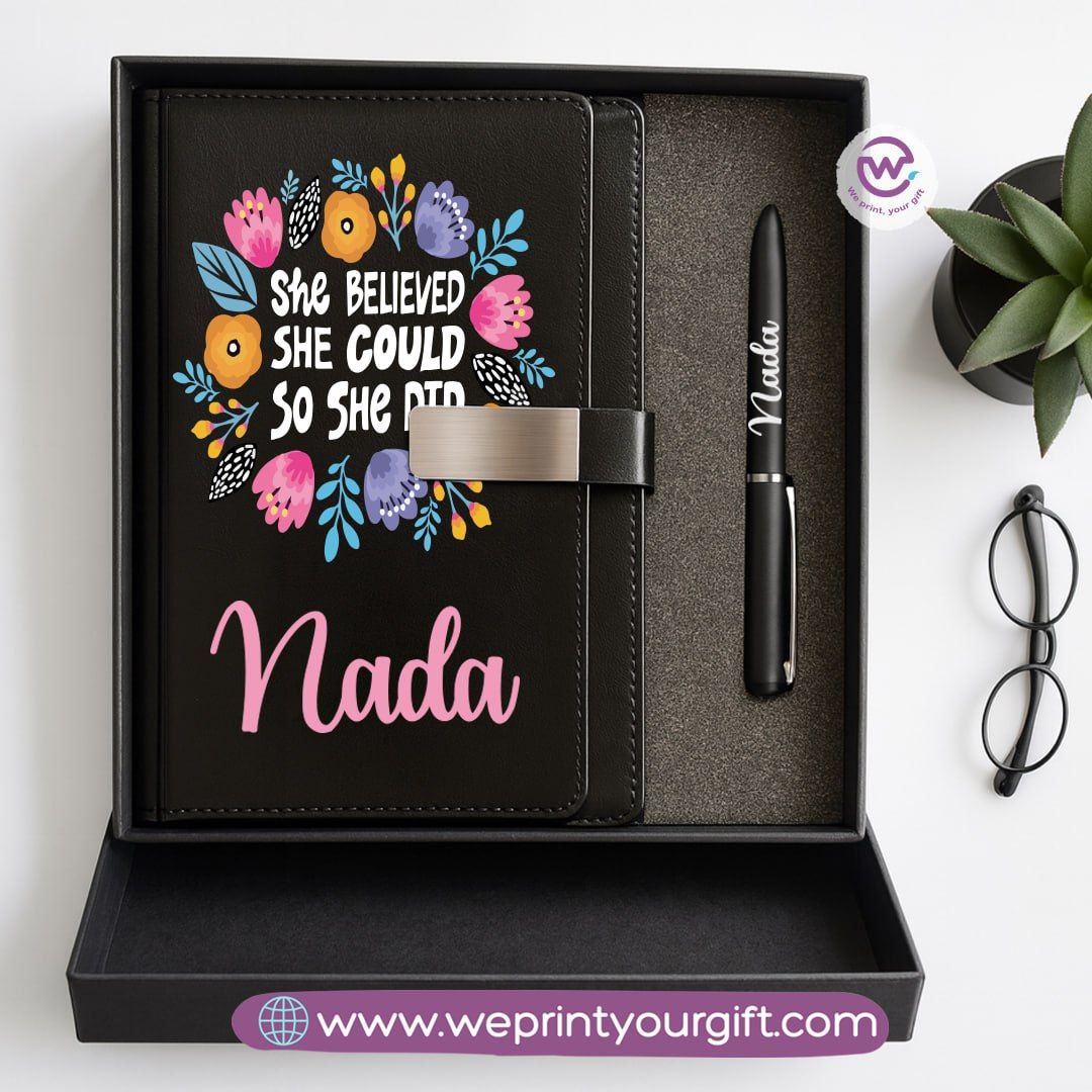 Motivational Personalized Gift Box – Custom Name Leather Notebook & Engraved Pen