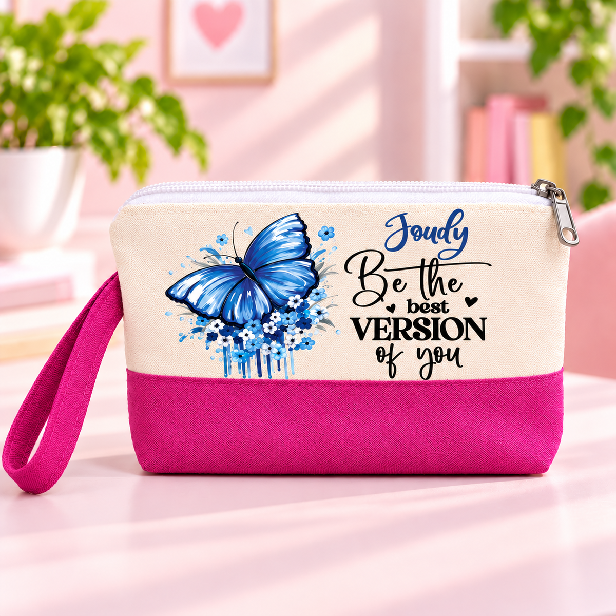 Motivational Butterfly Two-Tone Canvas Pencil Case & Makeup Pouch | With Side Handle
