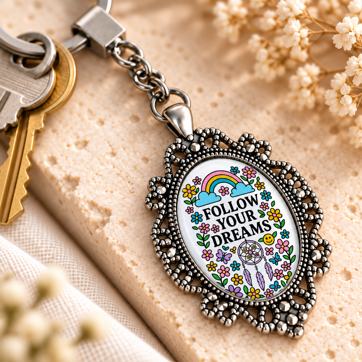 Motivational Doodle Glass Dome Keychain | Ornate Oval Metal Frame