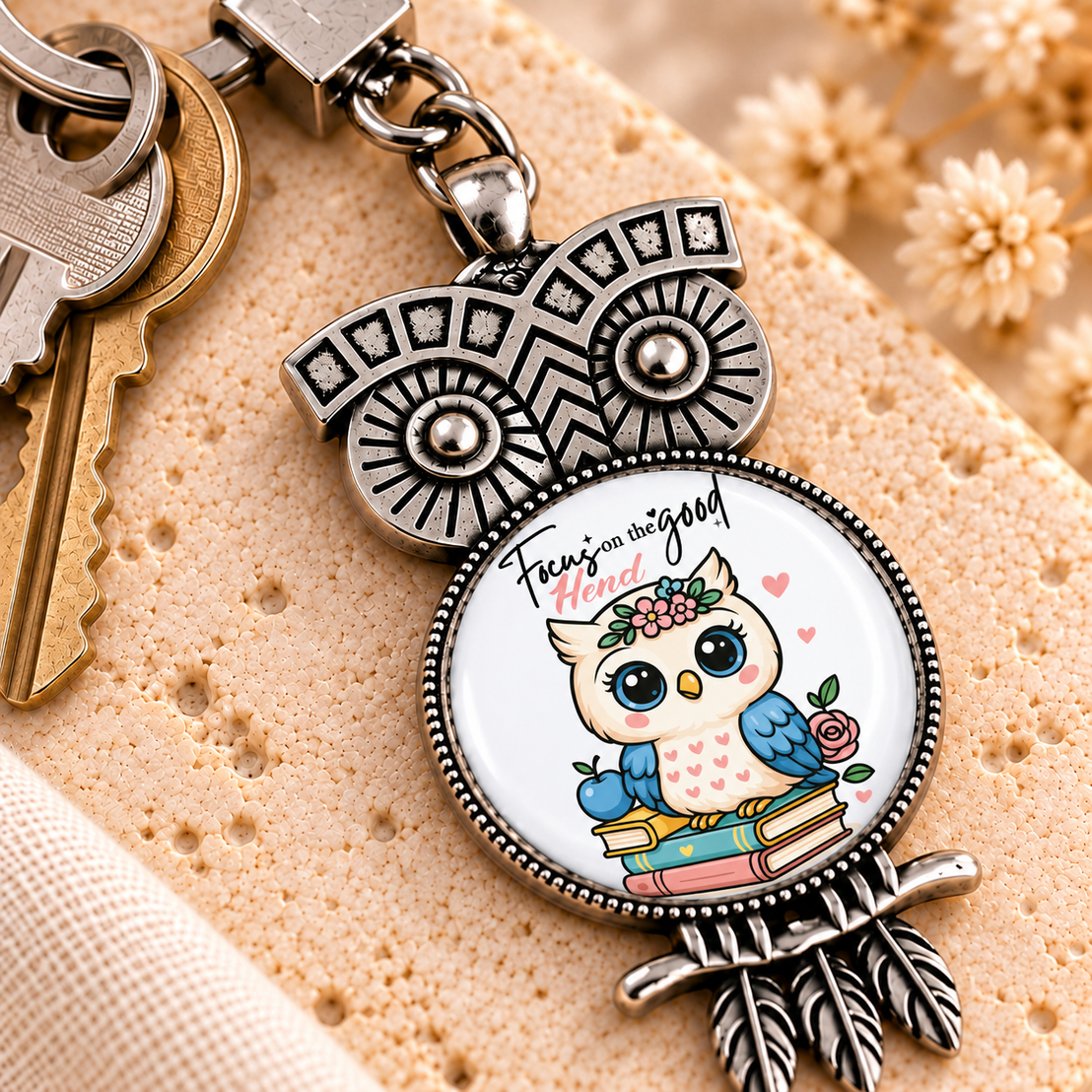 Vintage Glass Dome Metal Keychain | Ornate Owl Shape
