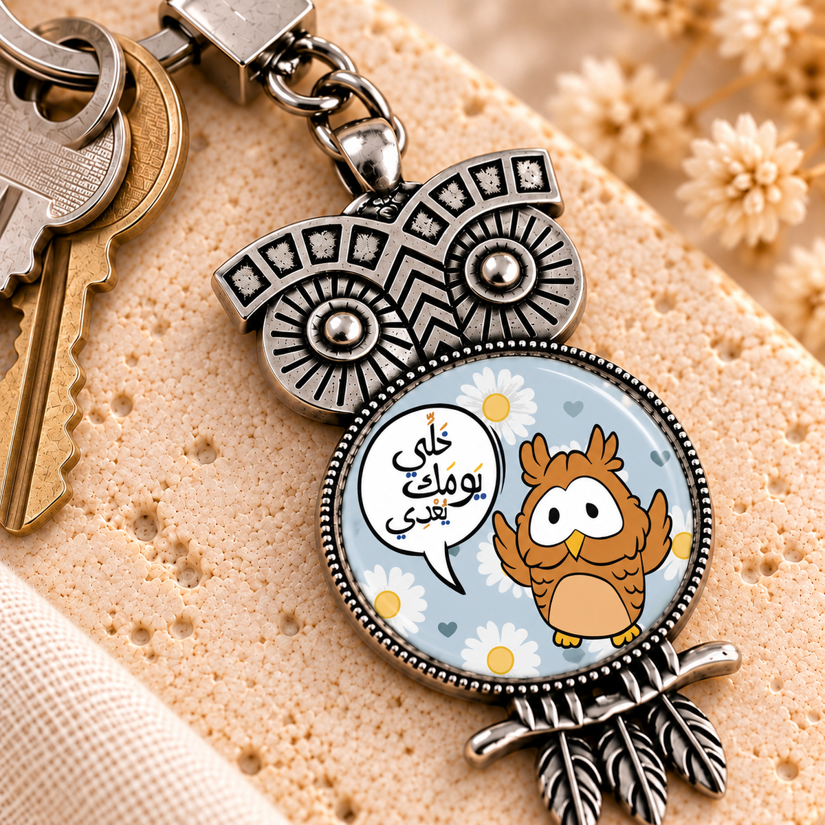 Cute Owl Glass Dome Metal Keychain | Ornate Frame