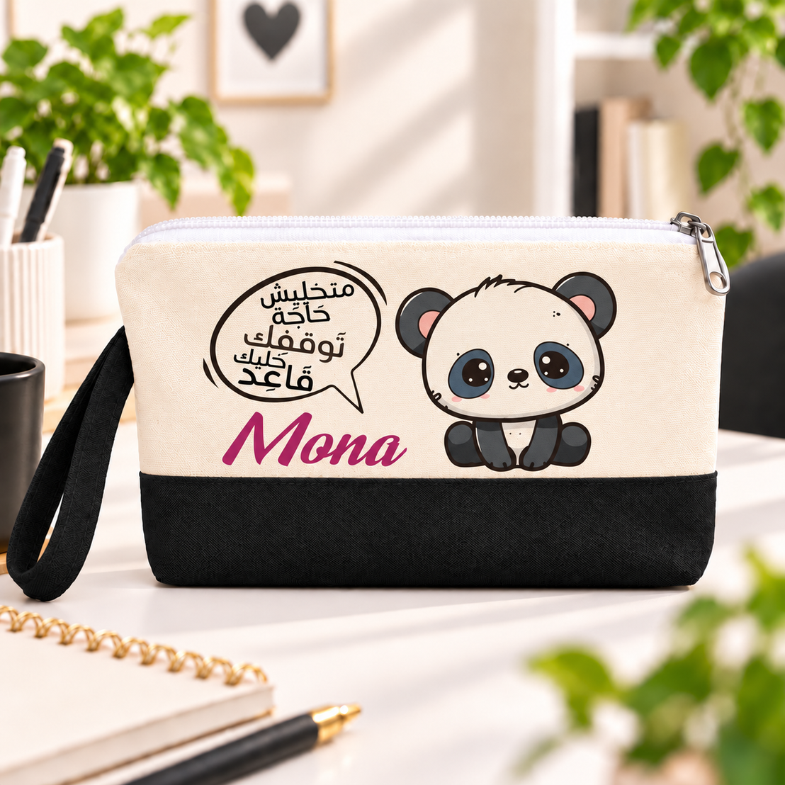 Cute Panda Two-Tone Canvas Pencil Case & Makeup Pouch | With Side Handle