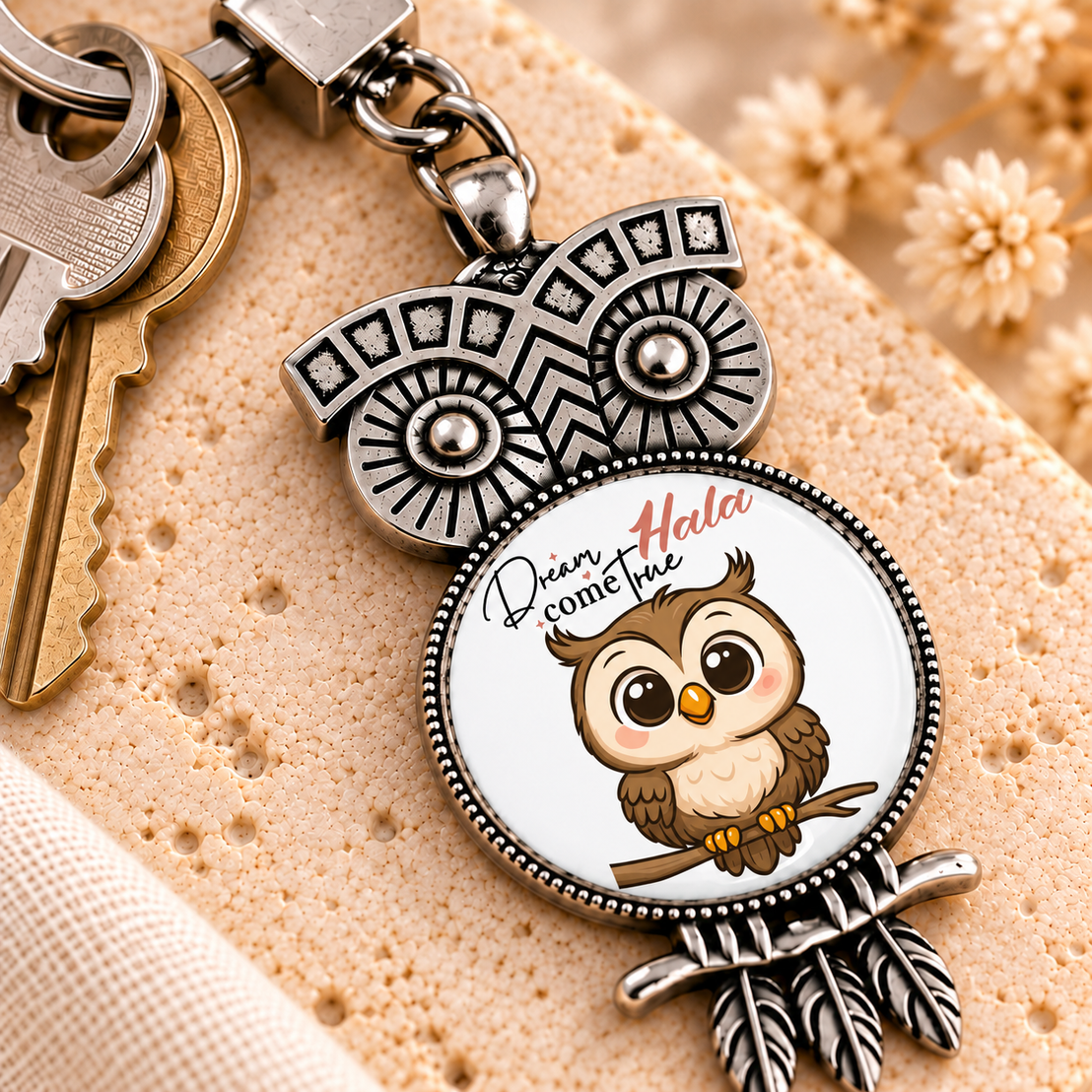 Vintage Glass Dome Metal Keychain | Ornate Owl Shape