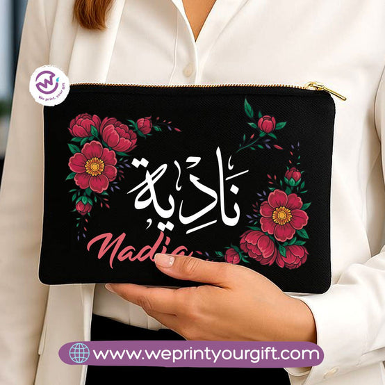 Personalized Floral Name Makeup Bag & Pencil Case – Elegant Cotton Pouch