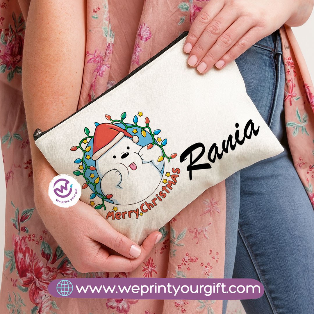 Cute Christmas Bears Makeup Bag & Pencil Case – Festive Cotton Pouch