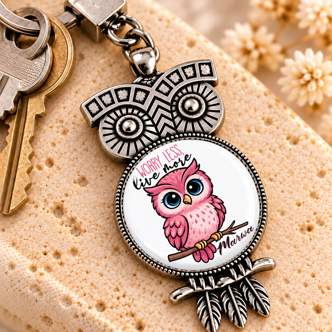Vintage Glass Dome Metal Keychain | Ornate Owl Shape