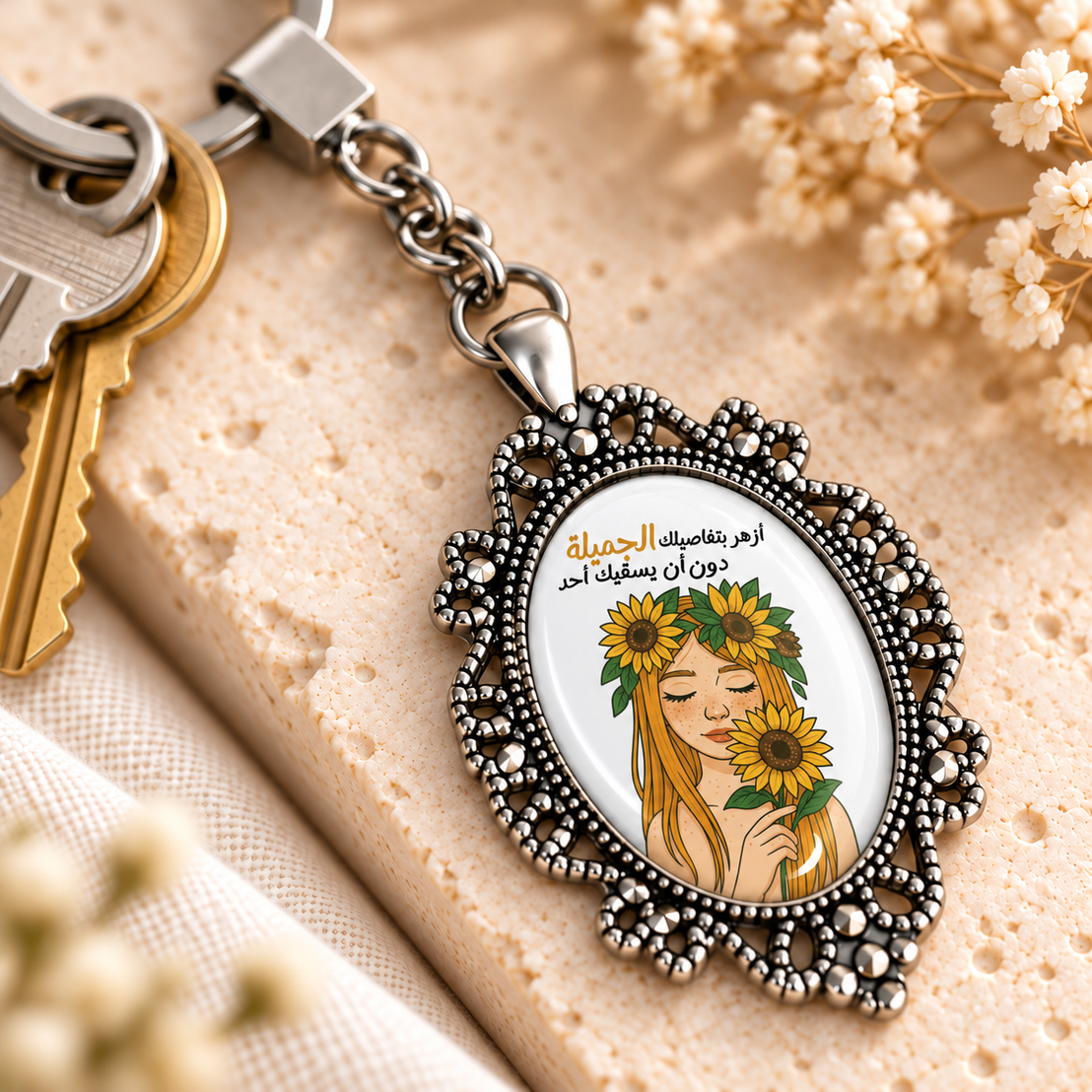 Motivational Sunflower Glass Dome Keychain | Ornate Oval Metal Frame