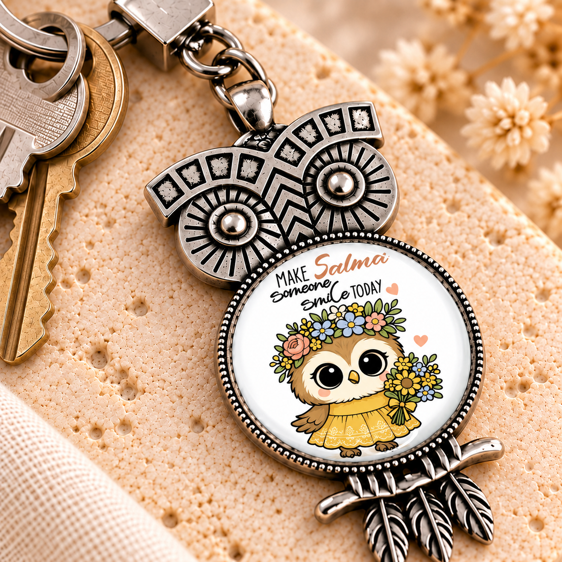 Vintage Glass Dome Metal Keychain | Ornate Owl Shape