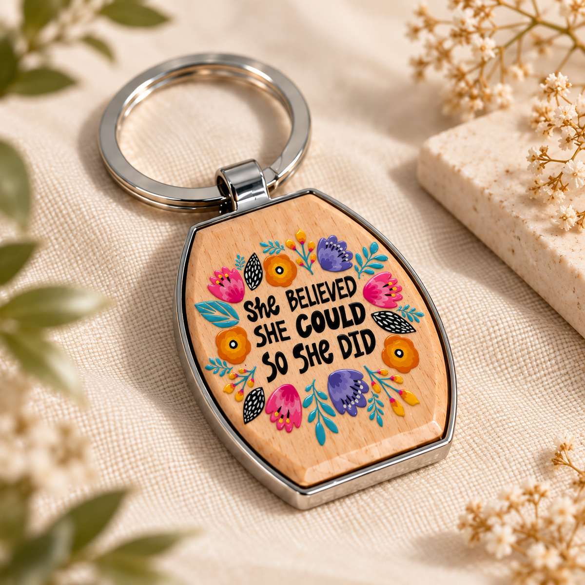 Motivational Wood & Metal Key Fob – Raised UV Printed Designs
