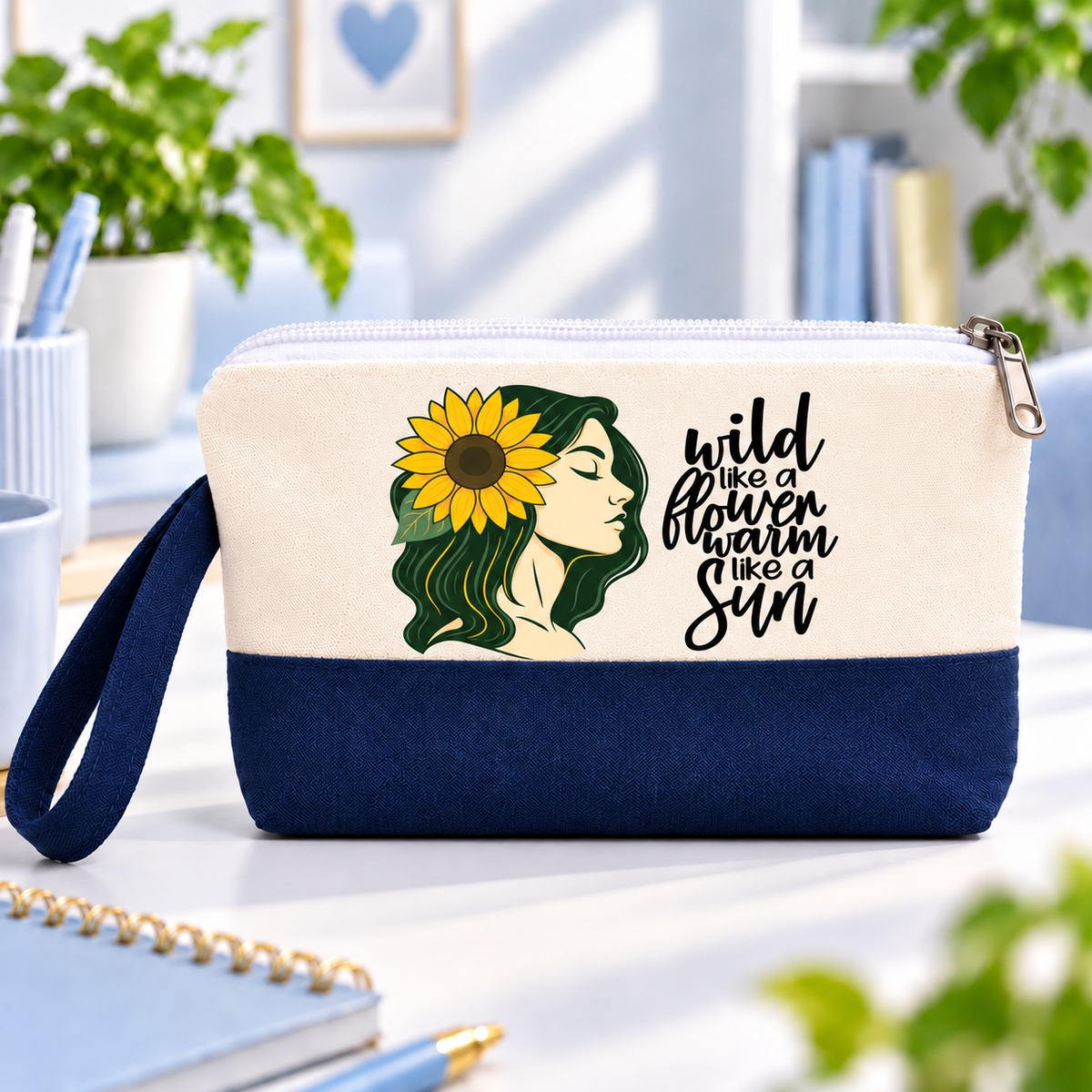 Radiant Sunflower Two-Tone Canvas Pencil Case & Makeup Pouch | With Side Handle