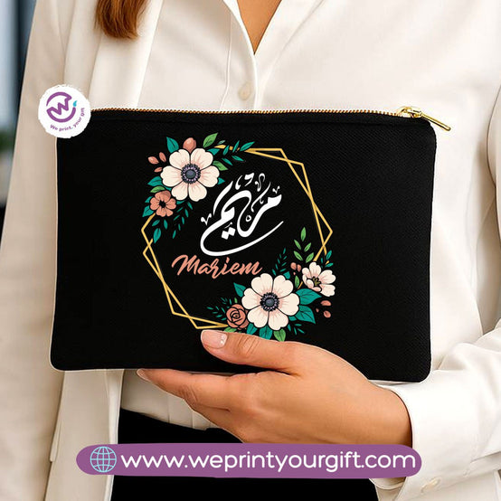 Personalized Floral Name Makeup Bag & Pencil Case – Elegant Cotton Pouch