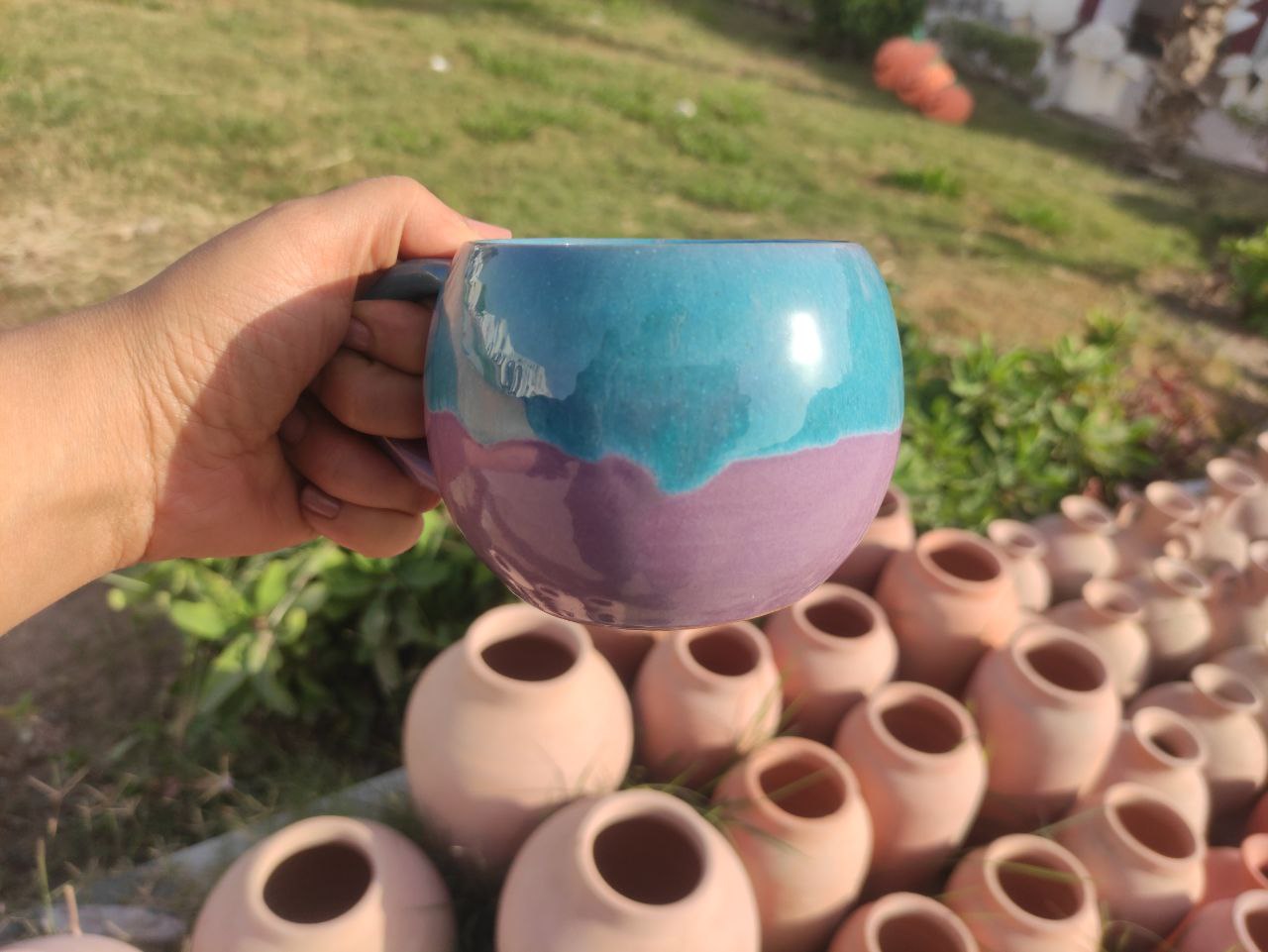 Turquoise & Purple Handmade Pottery Mug – 350 ml - Customization Options