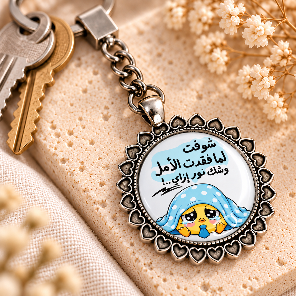 Funny Work Chick Glass Dome Keychain | Ornate Heart Border Frame