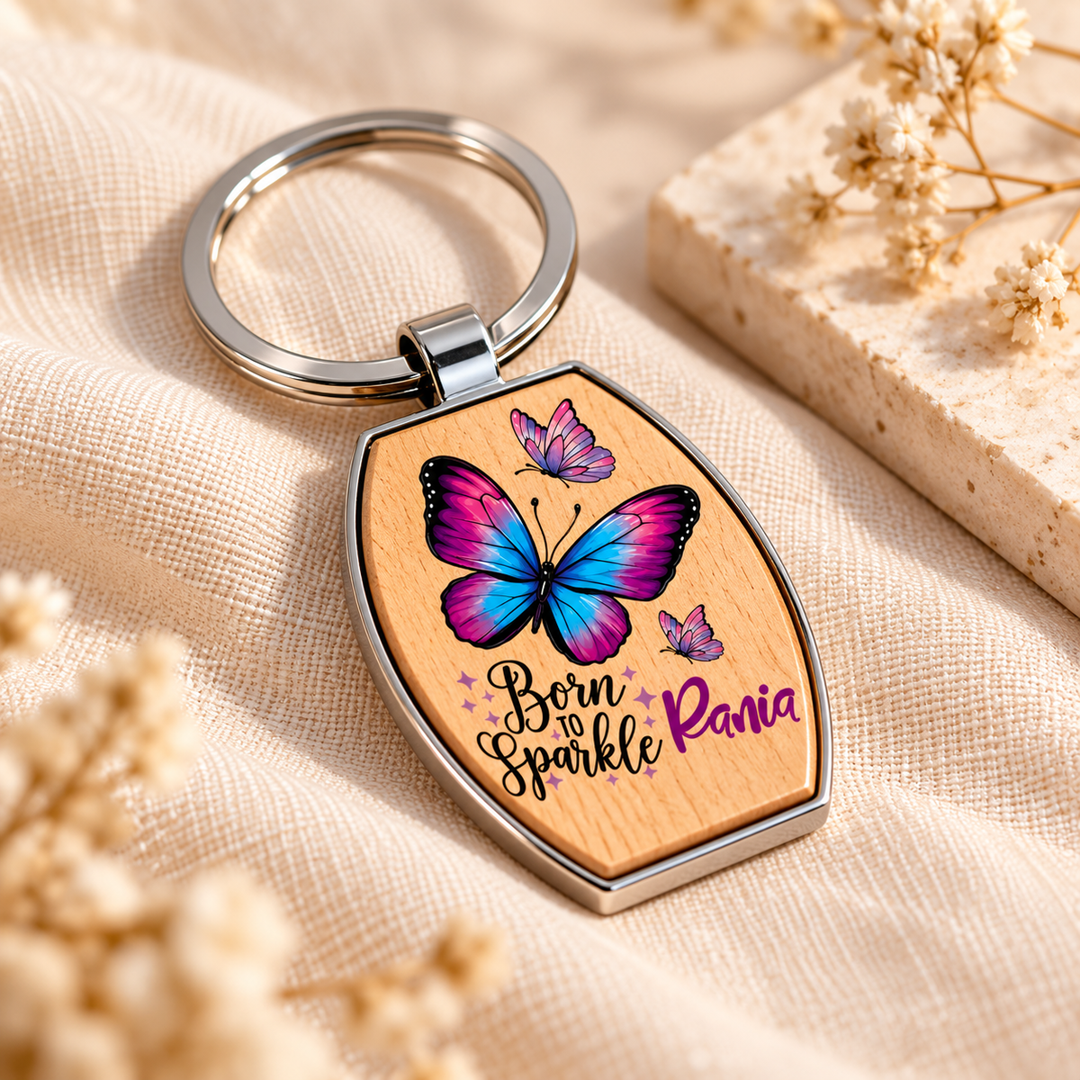 Butterfly Wood & Metal Key Fob – Raised UV Printed Artwork