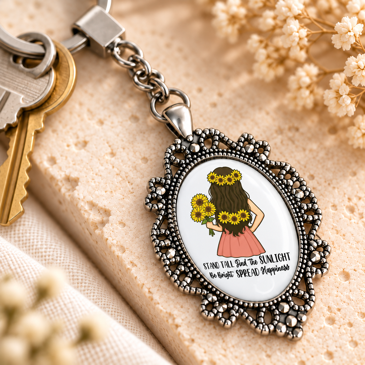 Sunflower Glass Dome Keychain | Ornate Oval Metal Frame