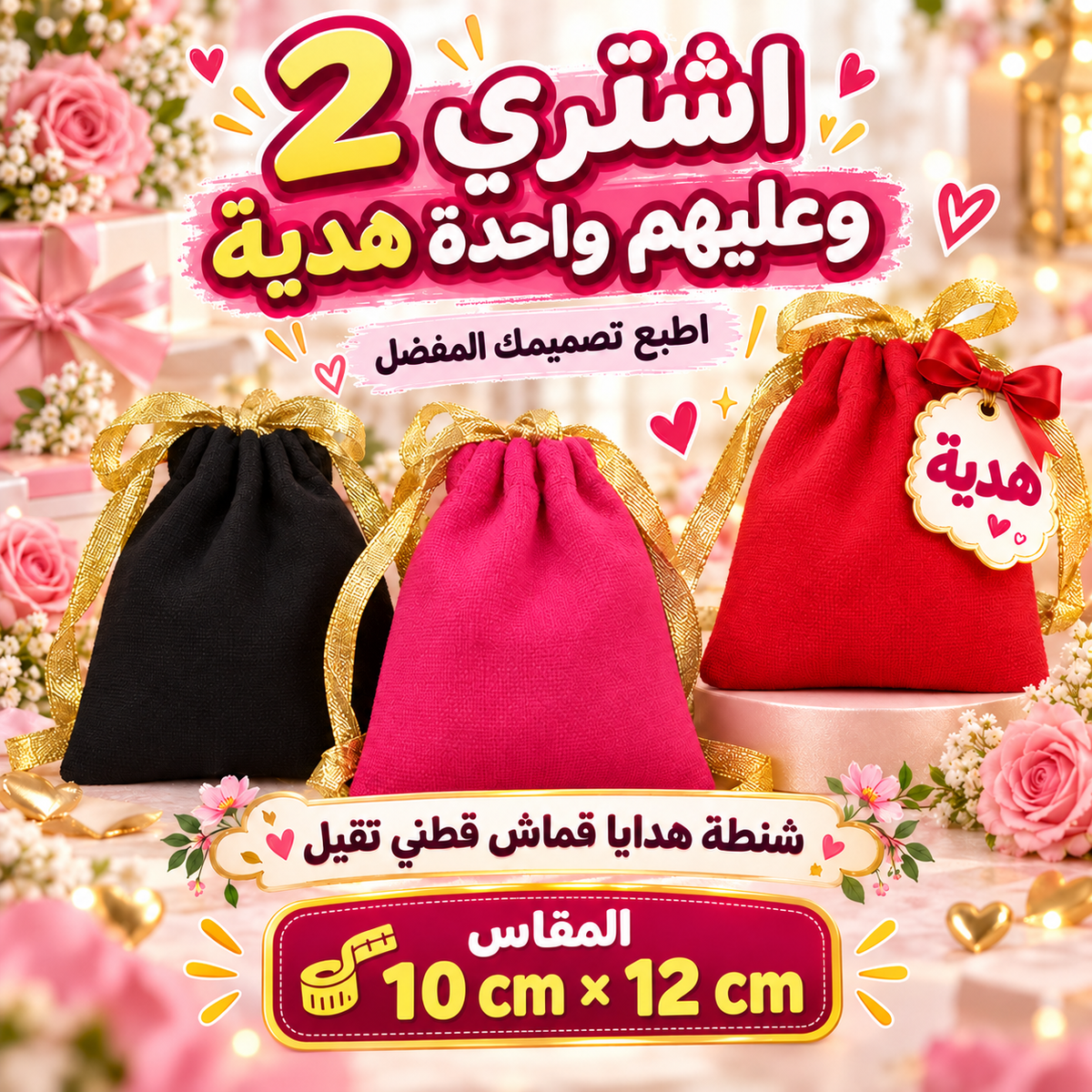 كيس هدايا - مقاس 10 سم * 12 سم - اشتري 2 واحصل على 1 مجانًا