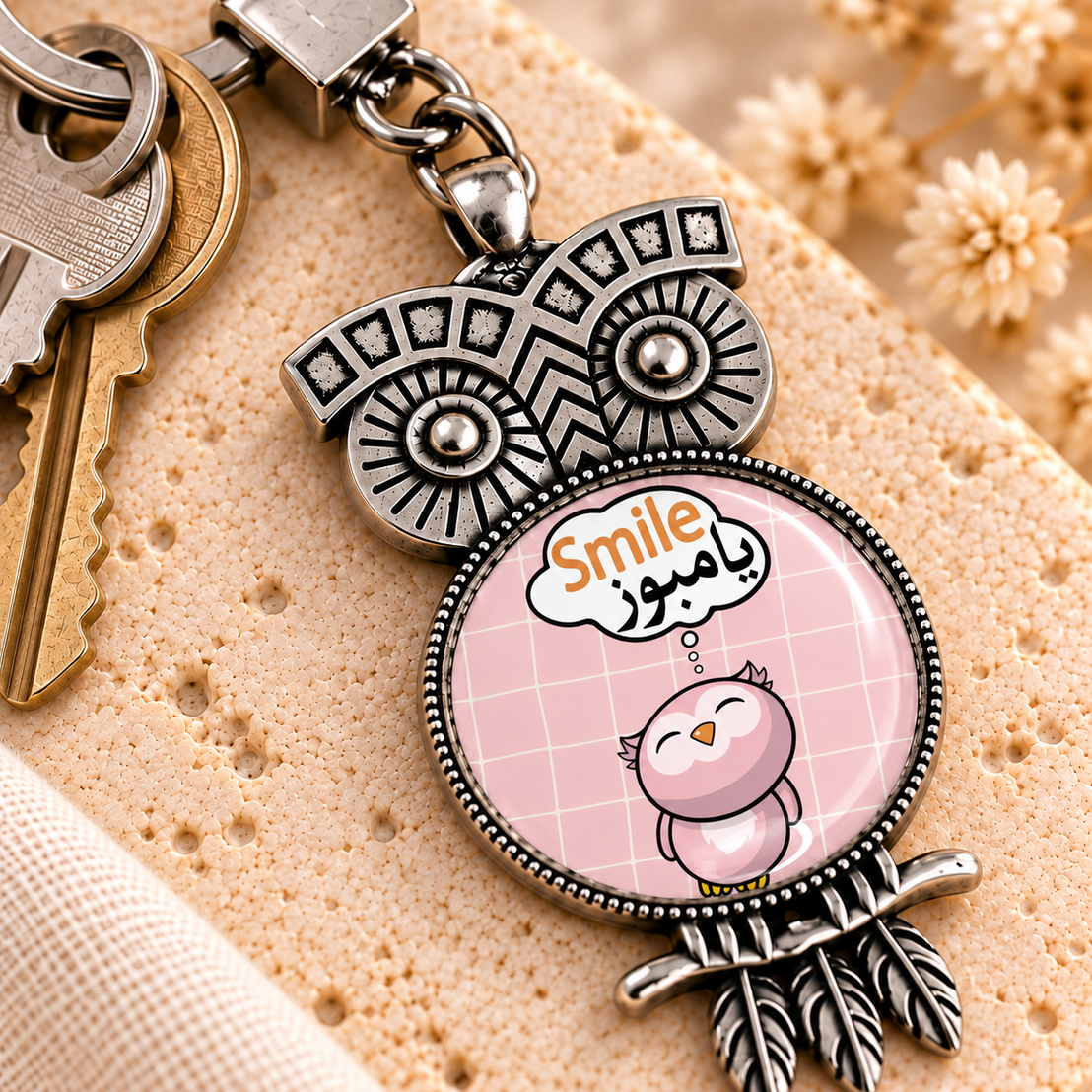 Cute Owl Glass Dome Metal Keychain | Ornate Frame