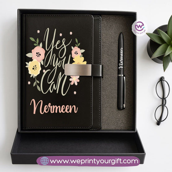 Motivational Personalized Gift Box – Custom Name Leather Notebook & Engraved Pen