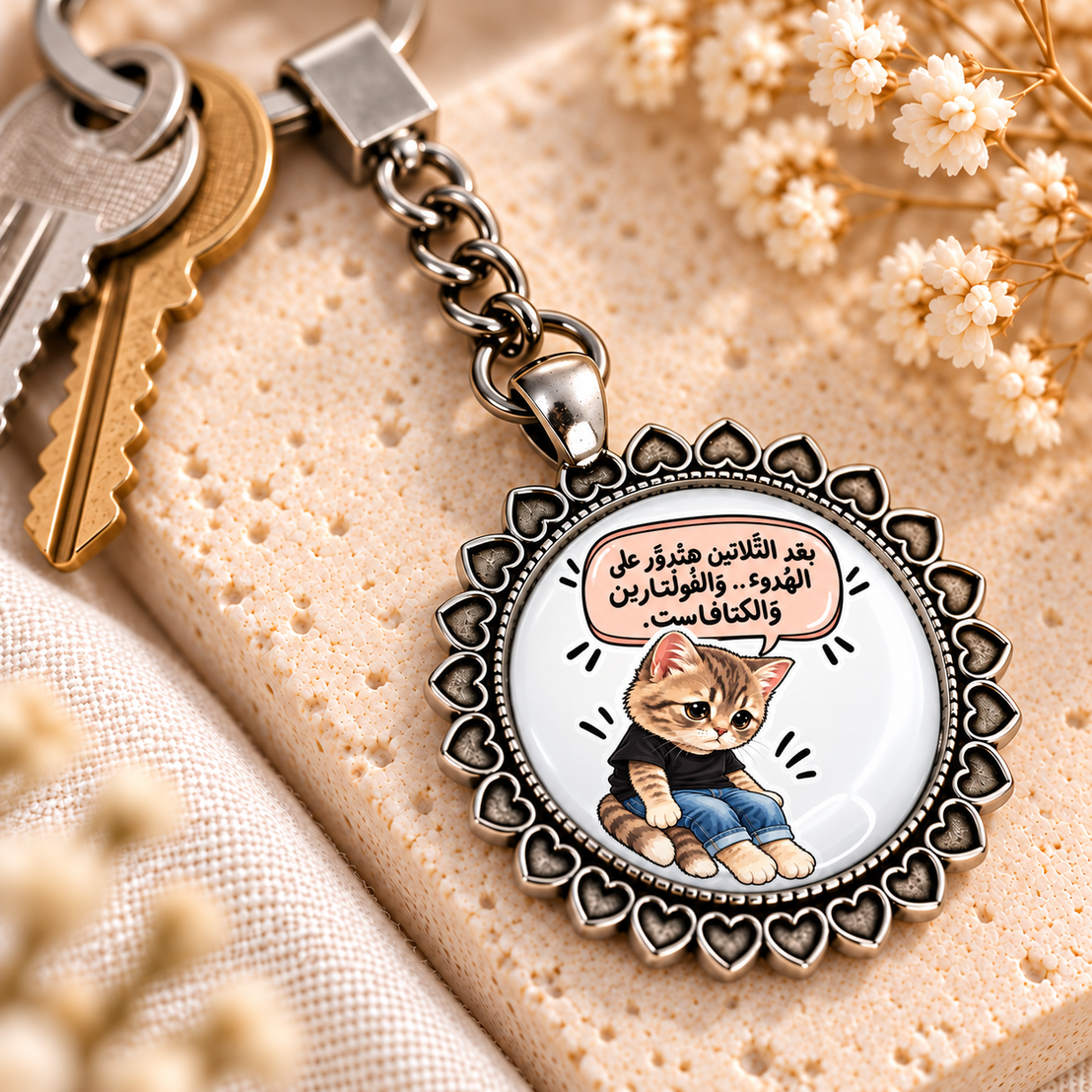 Naughty Cat Comic Glass Dome Keychain | Ornate Heart Border Frame