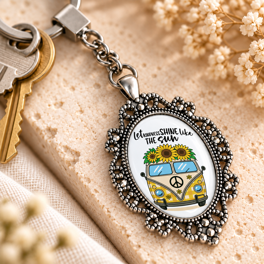 Sunflower Glass Dome Keychain | Ornate Oval Metal Frame