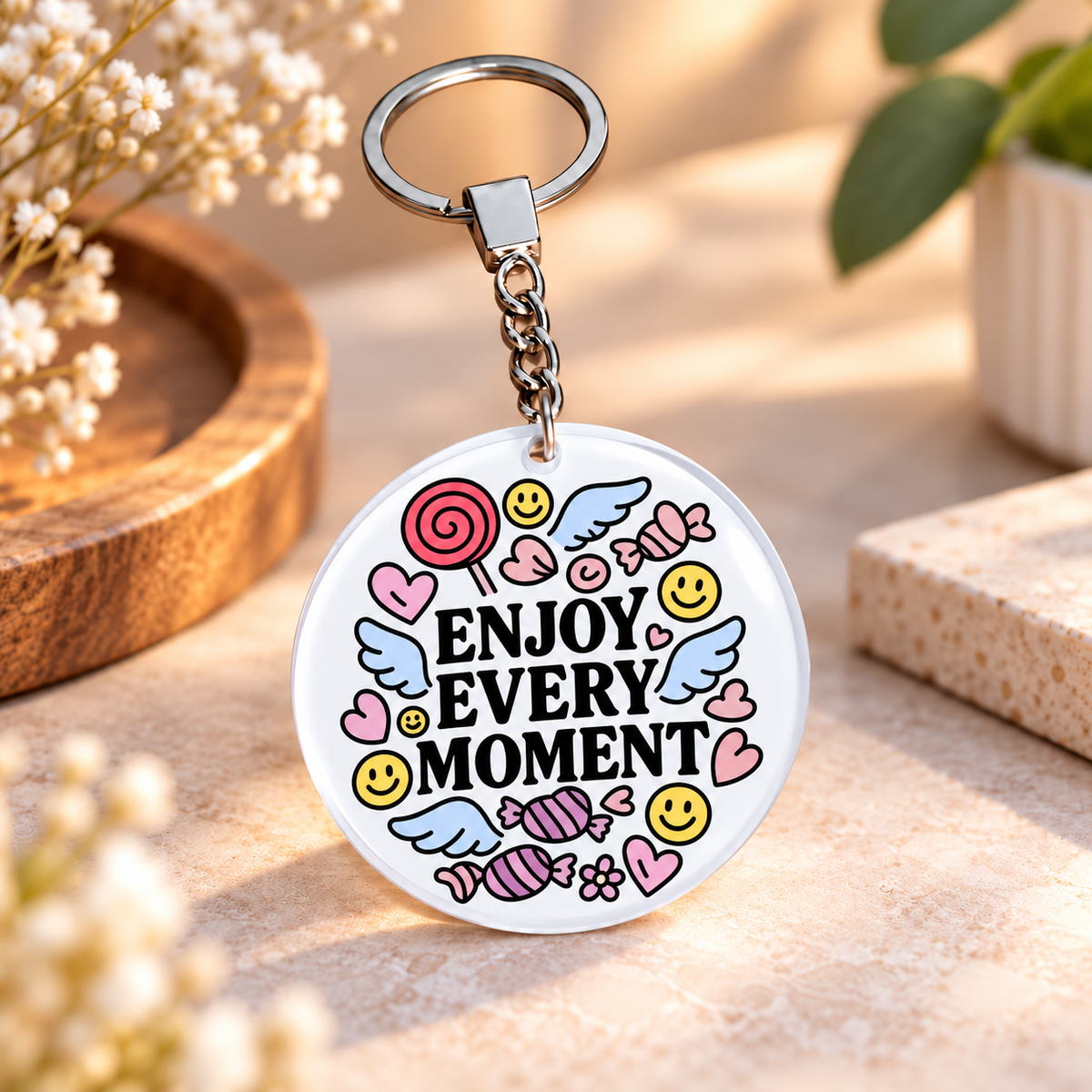 Motivational Icons Clear Acrylic Keychain | Single-Sided Print (Round / Rectangle)