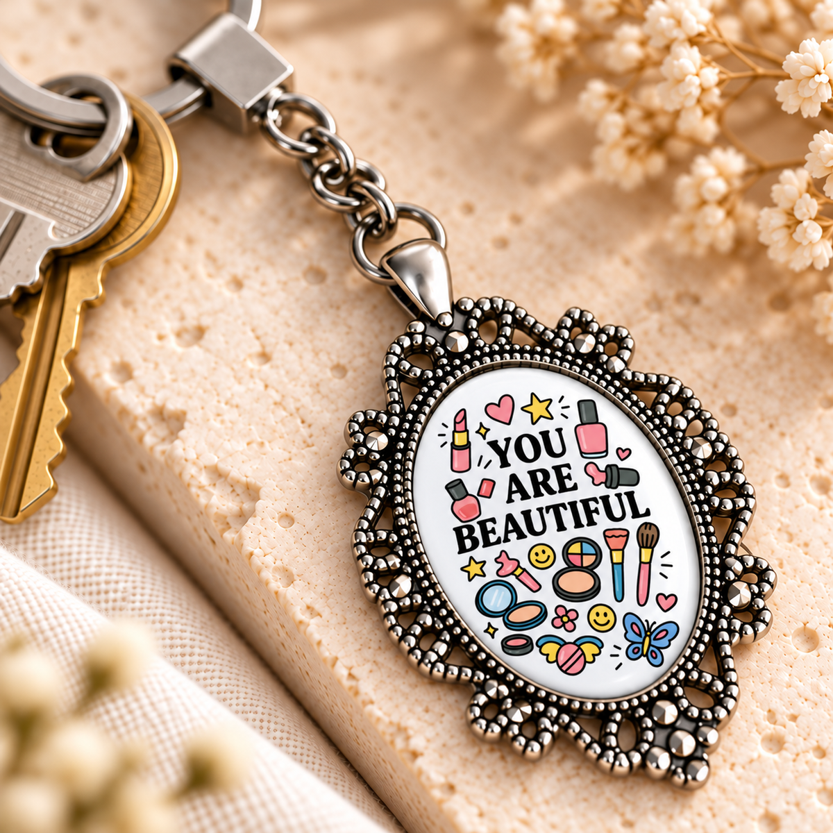 Motivational Doodle Glass Dome Keychain | Ornate Oval Metal Frame
