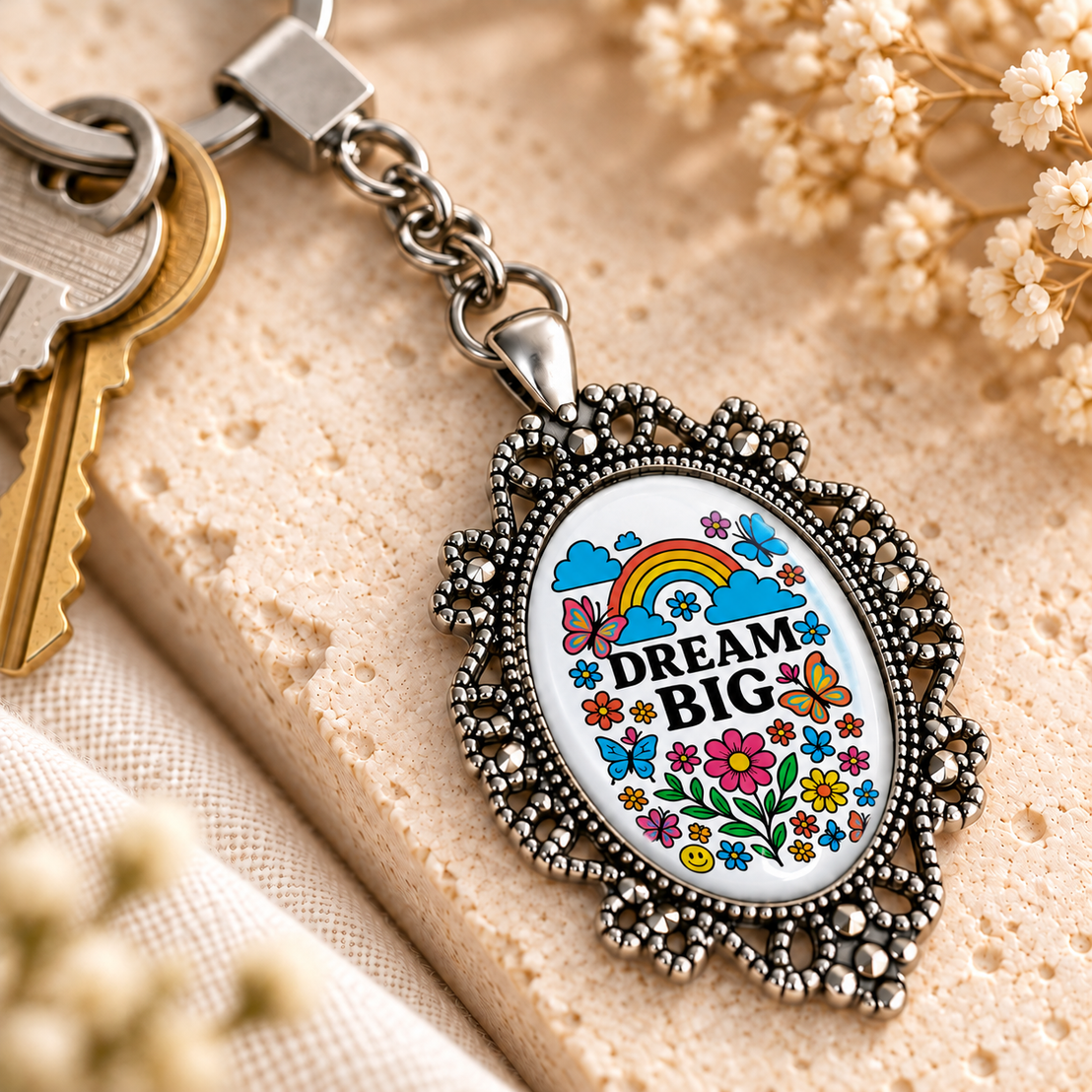 Motivational Doodle Glass Dome Keychain | Ornate Oval Metal Frame