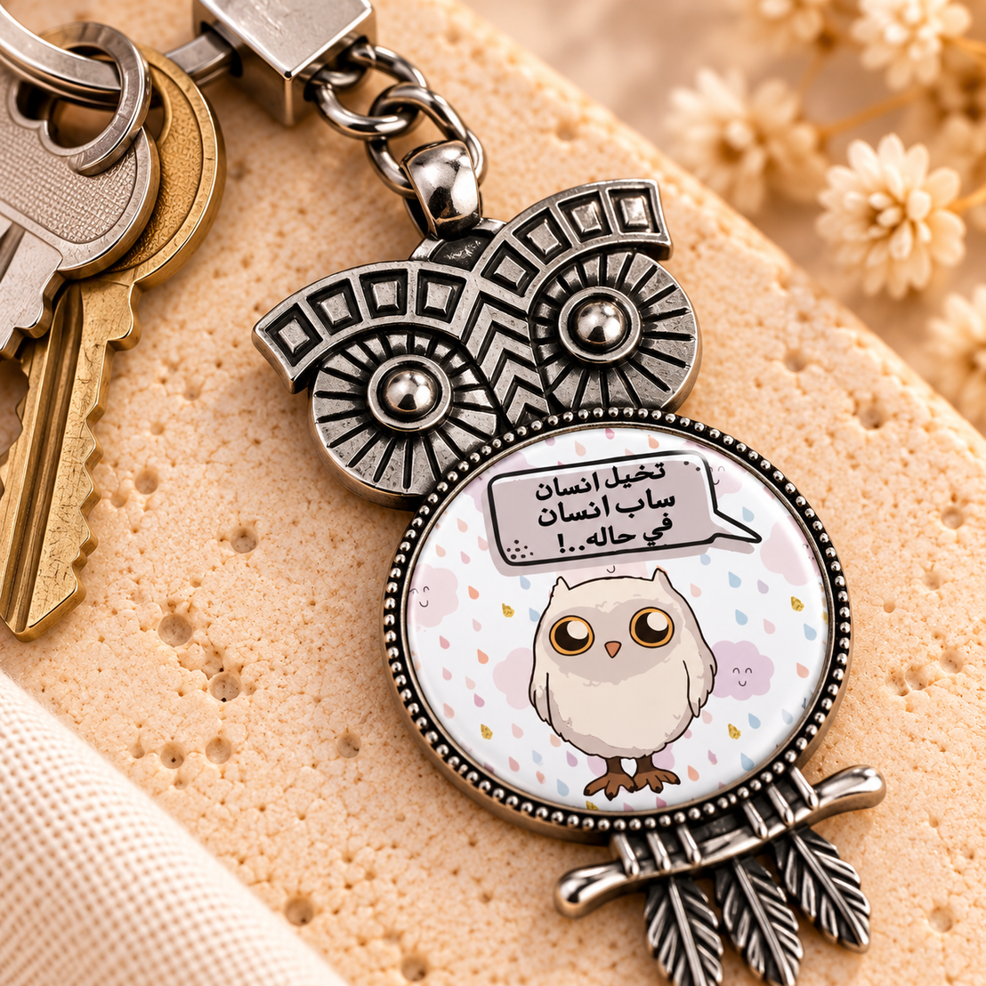 Cute Owl Glass Dome Metal Keychain | Ornate Frame