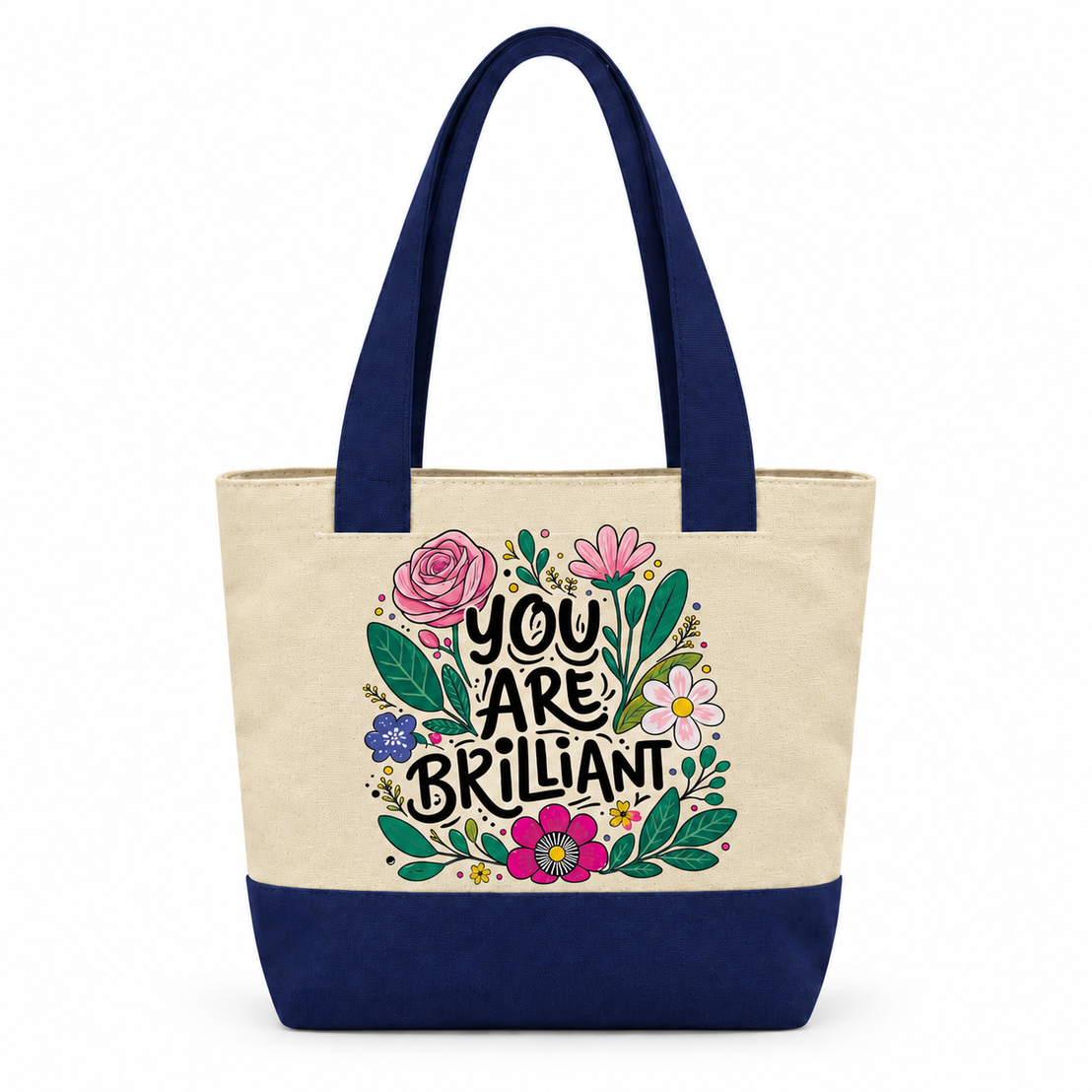 Motivational Doodle Canvas Tote Bag | Two-Tone with Zipper Pocket