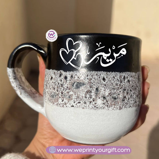 Black & White Handmade Pottery Mug – 350 ml | Arabic Name Line Art Design