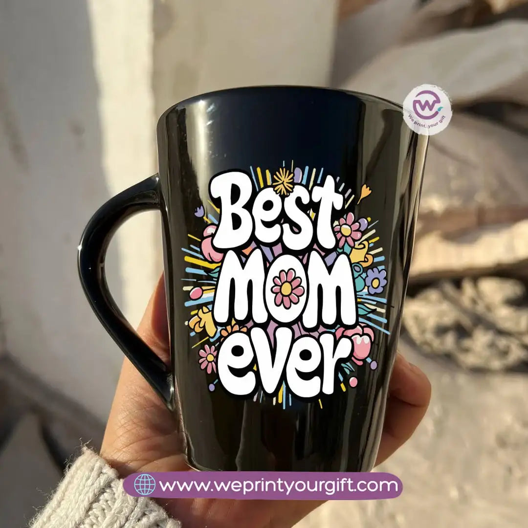 Mother’s Day Edition Black Conical Porcelain Mug – 350 ml | Elegant Love Designs | UV Raised Sticker Printing - WE PRINT