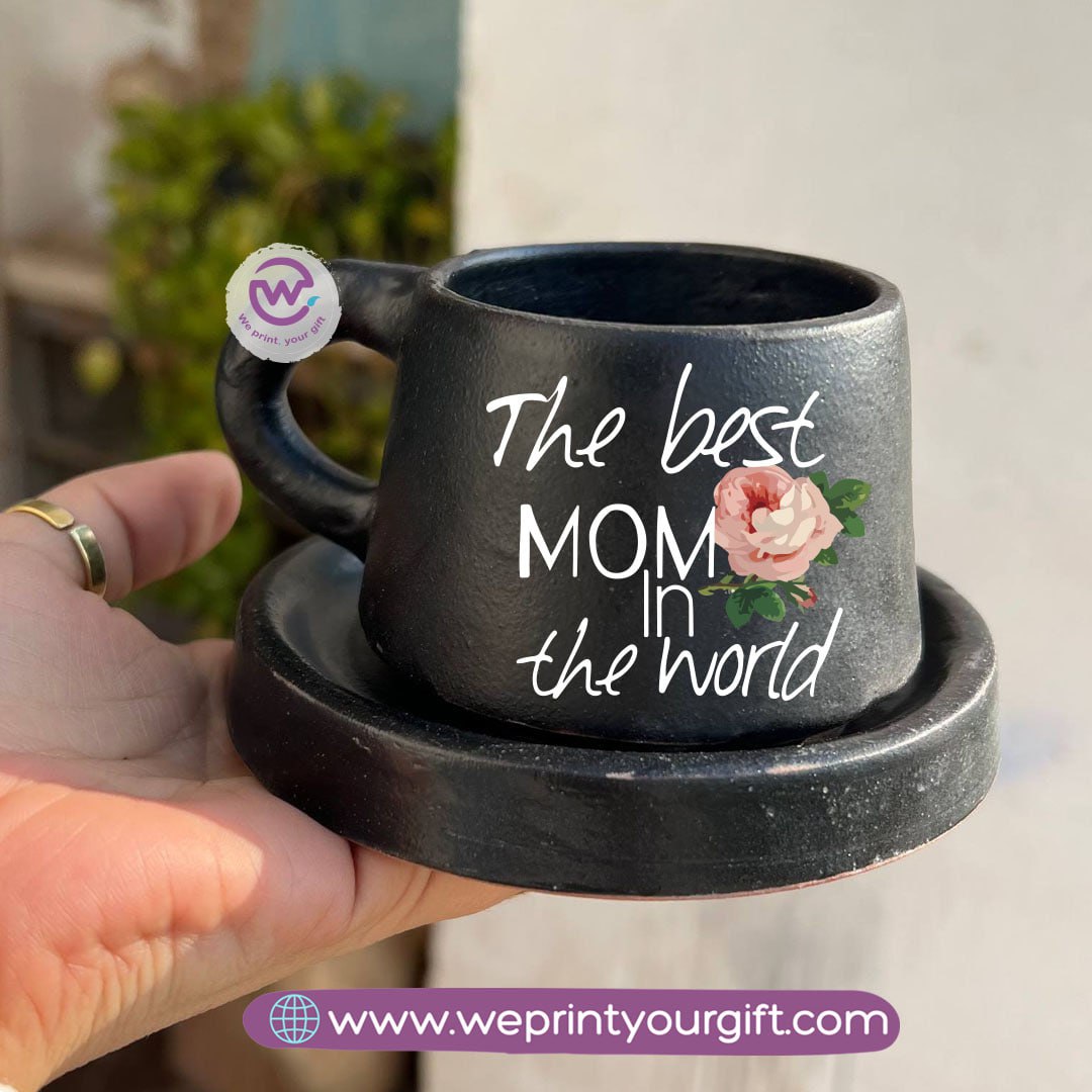Mother’s Day Black Handmade Pottery Coffee Cup with Saucer – 200 ml | UV Raised Sticker Printing