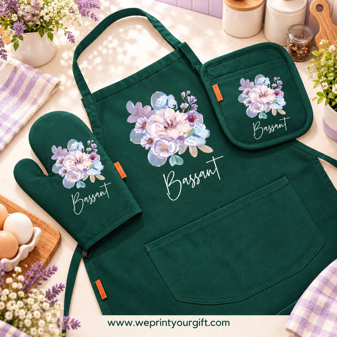 Floral Motivational Quote 3-Piece Kitchen Set (Apron, Oven Mitt & Pot Holder) + Optional Chef Hat, Personalized with Your Name