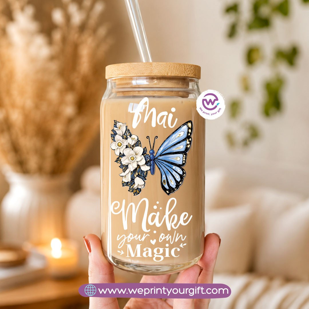 Butterfly Designs Glass Cup with Bamboo Lid & Reusable Glass Straw