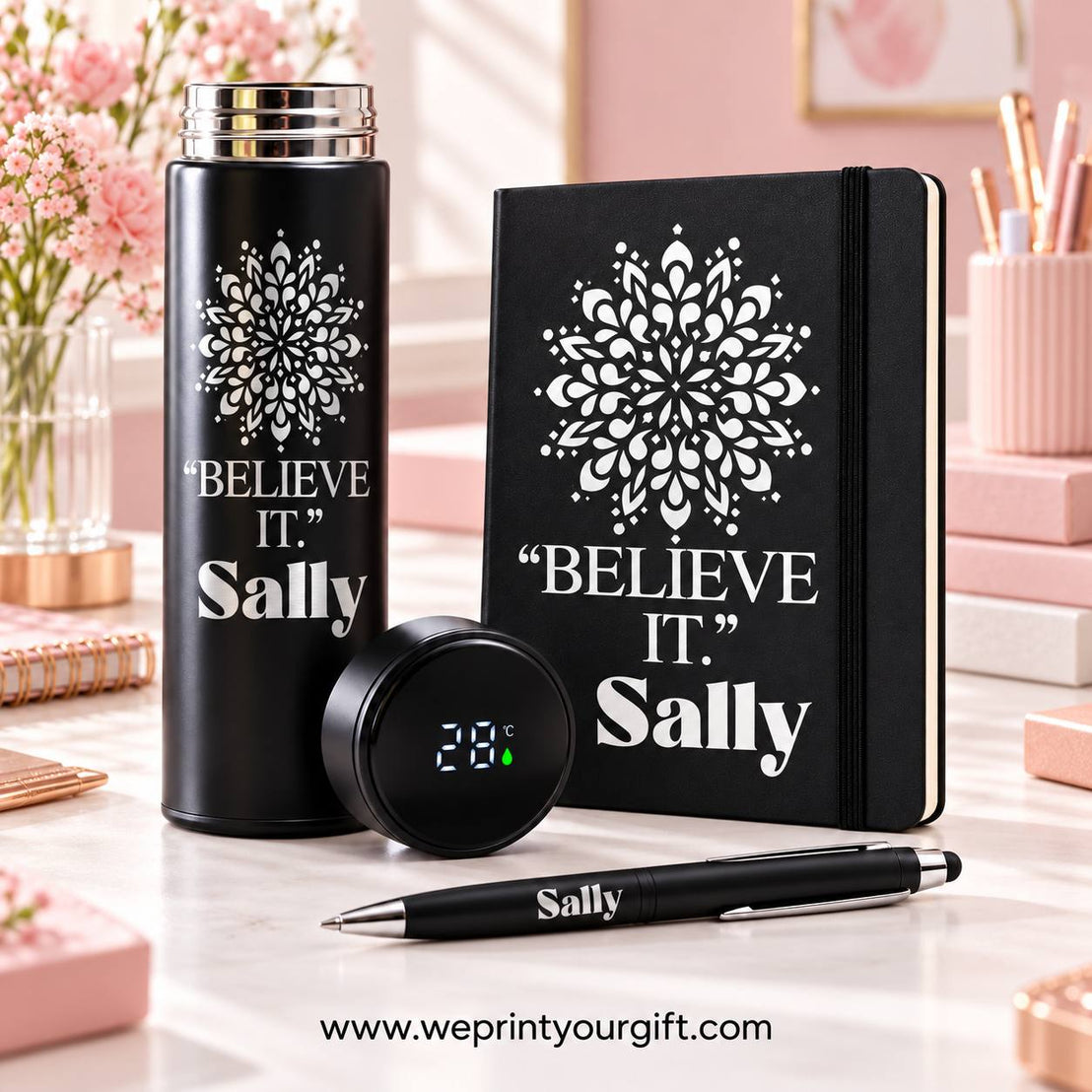 Personalized Office Gift Set – Digital Thermos, Notebook & Pen | Name & Quote