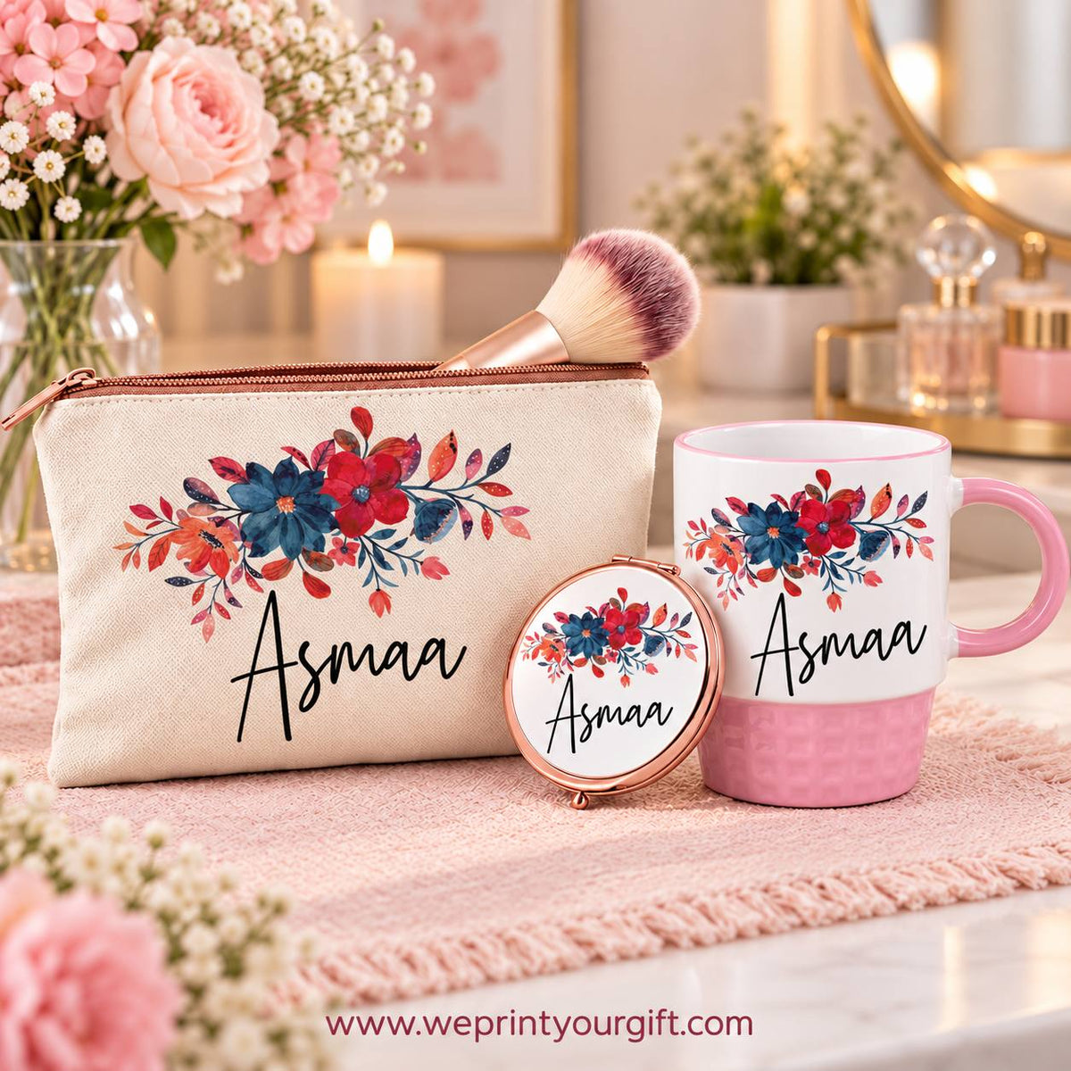 Floral Name Gift Set – Pouch, Compact Mirror & Pink Mug | Personalized
