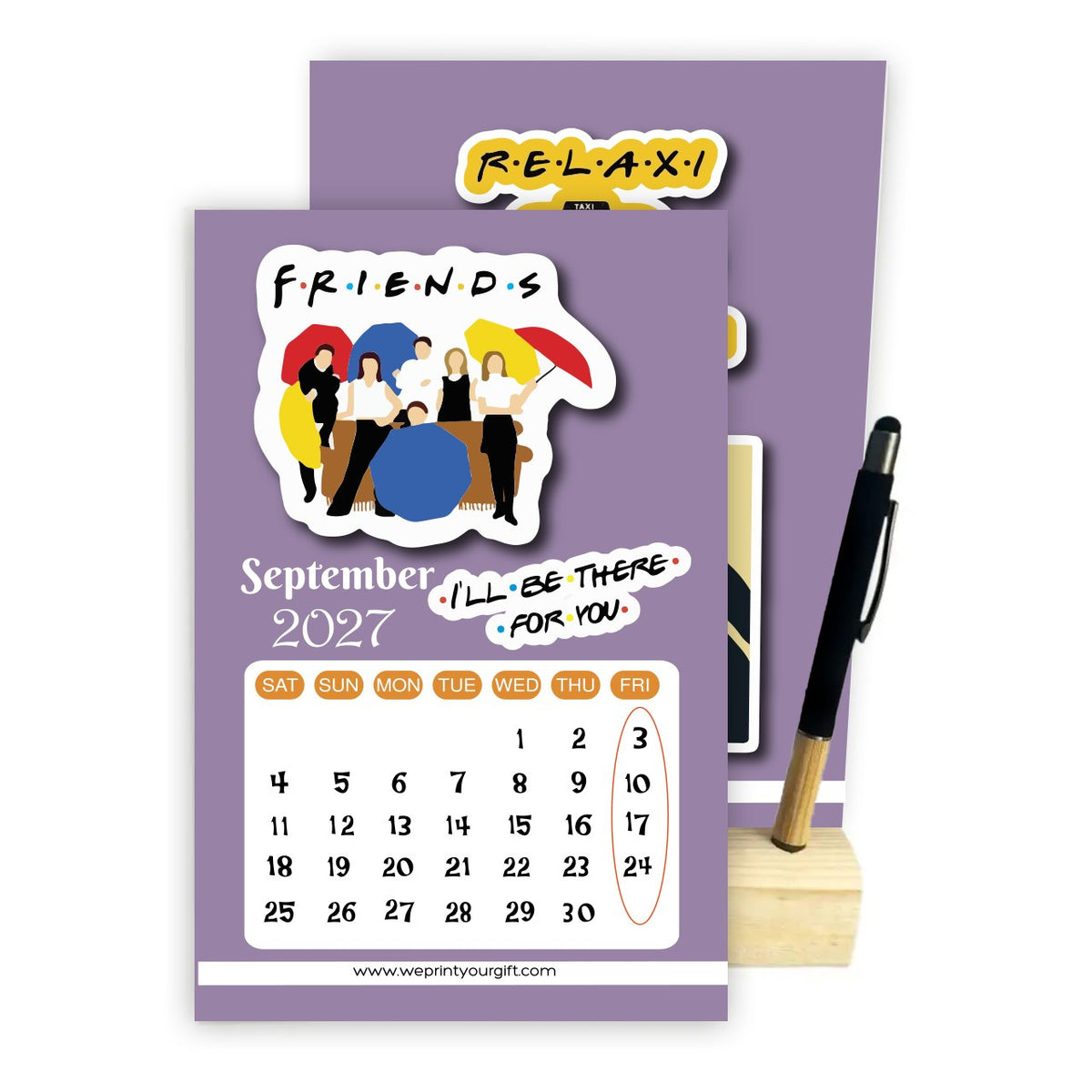 Friends Inspired 2027 Desk Calendar with Wooden Stand & Bamboo Touch Pen – A5 Monthly Calendar