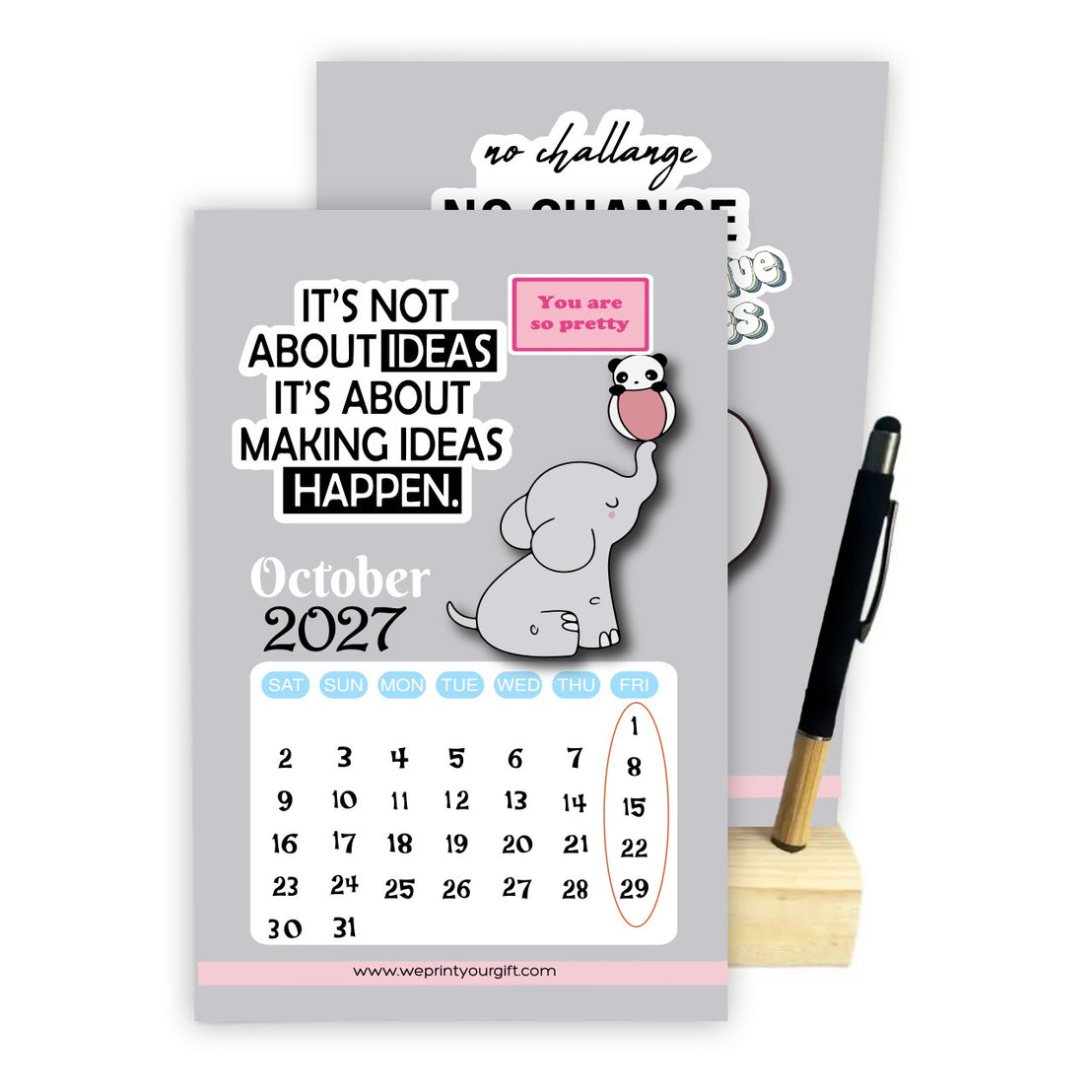 Cute Elephant 2027 Desk Calendar with Wooden Stand & Bamboo Stylus Pen – Inspirational Collection
