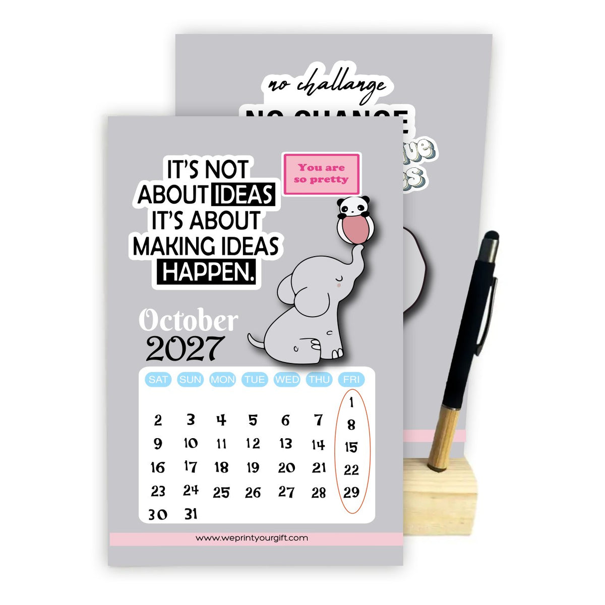 Cute Elephant 2027 Desk Calendar with Wooden Stand & Bamboo Stylus Pen – Inspirational Collection