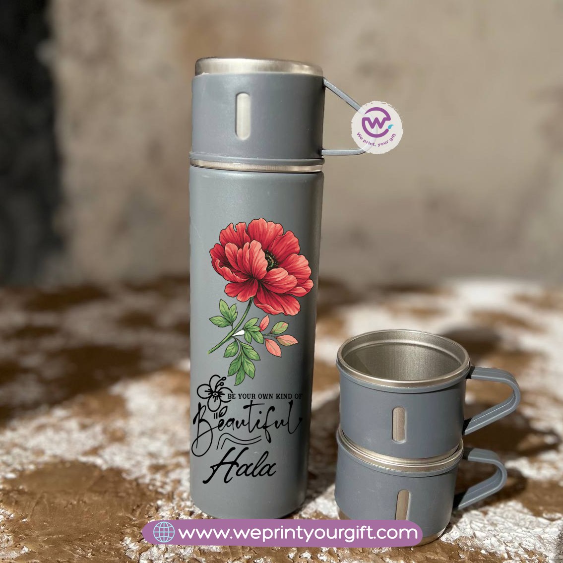Floral Name Thermal Flask with Two Extra Cups – 500ml