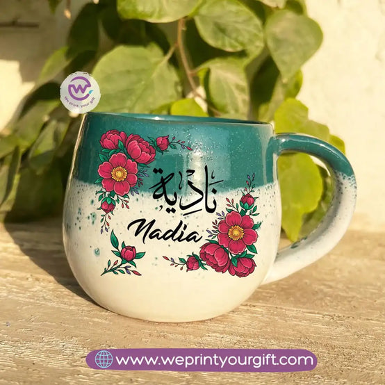Green & White Handmade Pottery Mug with Floral Name Design - WE PRINT