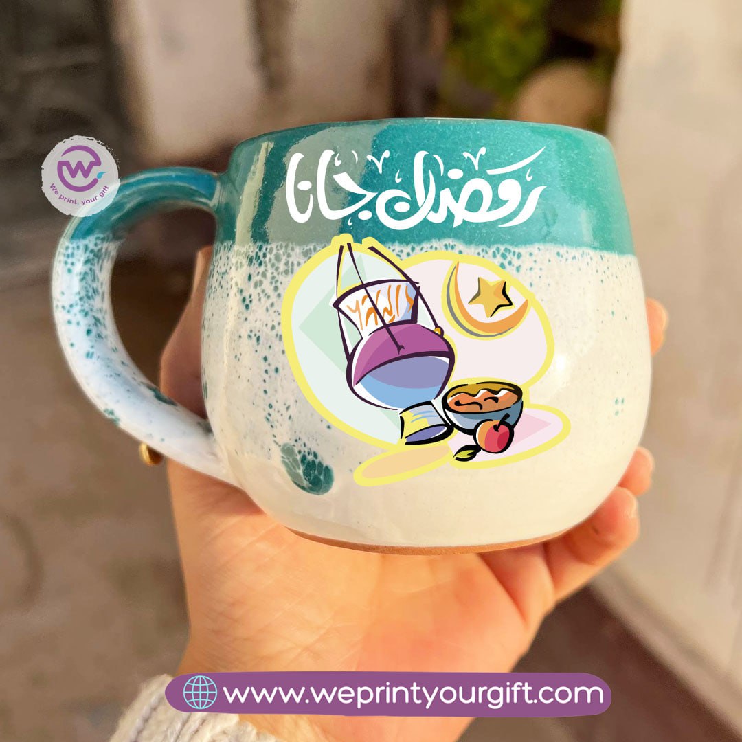 Green & White Handmade Pottery Mug with Ramadan Designs