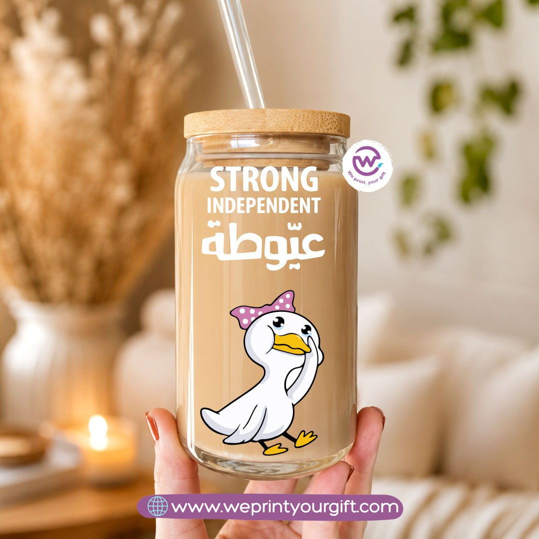 Cartoon Humor Glass Tumbler with Bamboo Lid & Eco Glass Straw