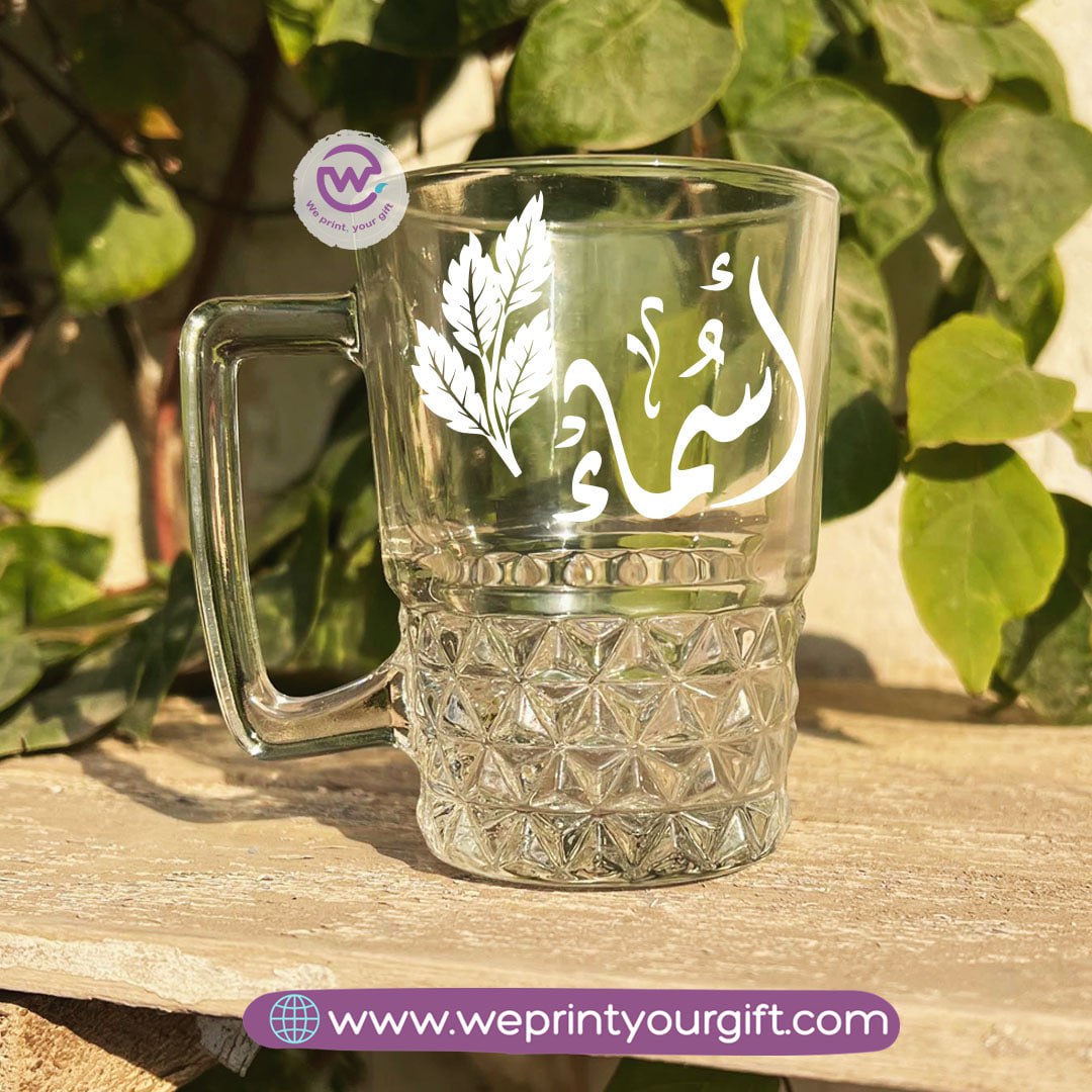 Personalized Clear Crystal Pattern Glass Mug with Arabic Name Typography – 250 ml
