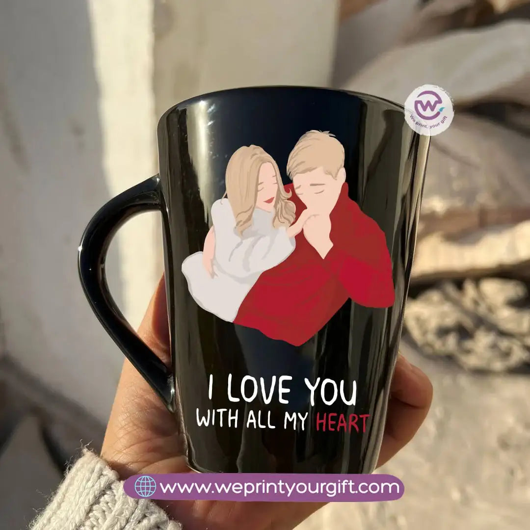 Valentine’s Edition Black Conical Porcelain Mug – 350 ml | UV Raised Sticker Printing - WE PRINT