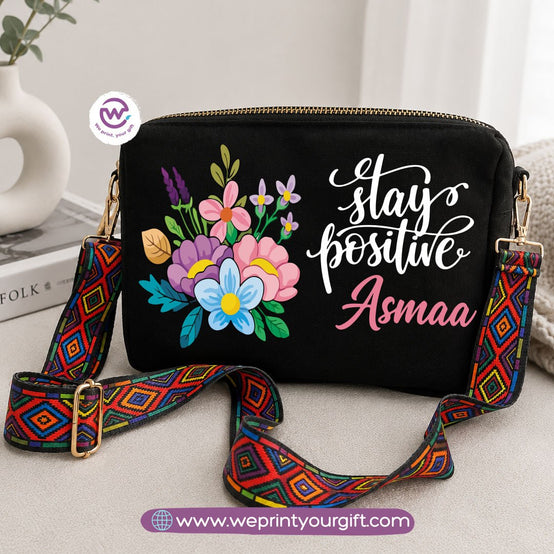 Floral Inspirational Quote Shoulder Bags with Colorful Straps