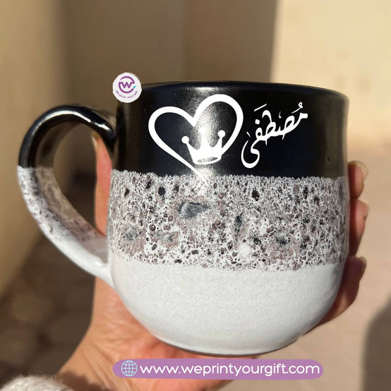 Black & White Handmade Pottery Mug – 350 ml | Arabic Name Line Art Design