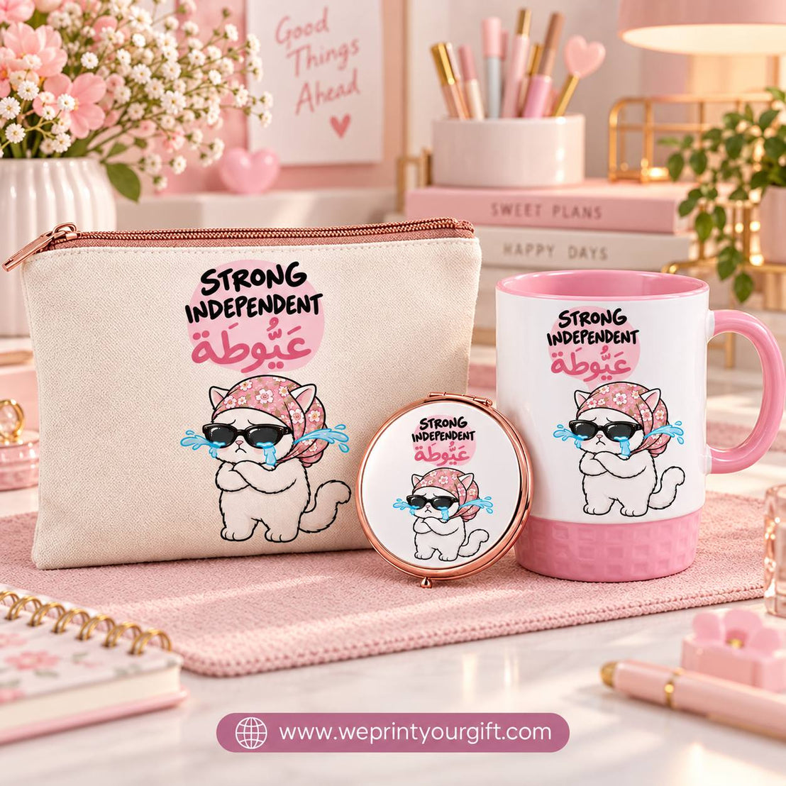 Funny Office Cat Gift Set – Pouch, Compact Mirror & Pink Mug | Work Comic