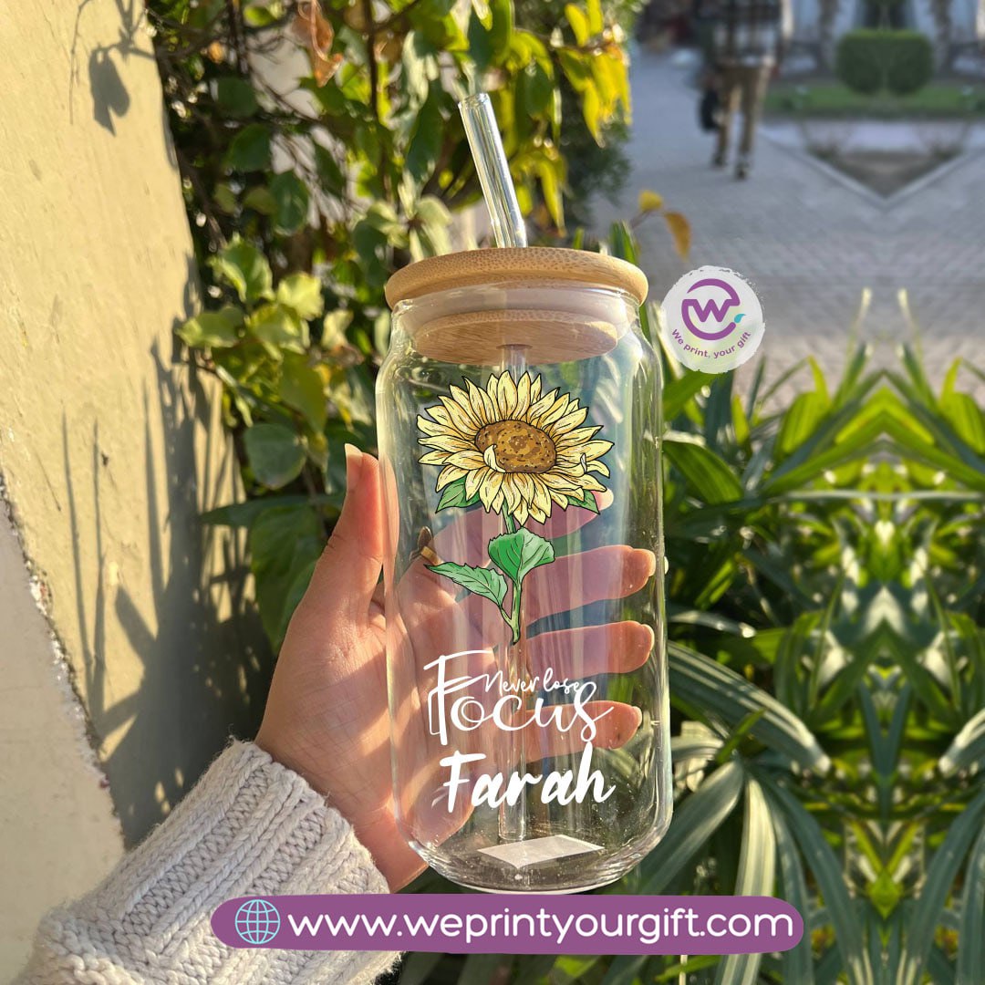 Round Glass Mug with Bamboo Lid & Glass Straw | Floral Motivational Design