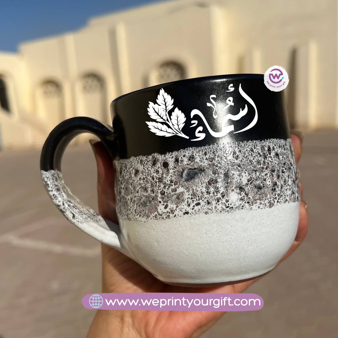 Black & White Handmade Pottery Mug – 350 ml | Arabic Name Line Art Design